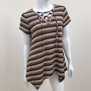 Style & Co Striped Lace-Up Short Sleeve Top